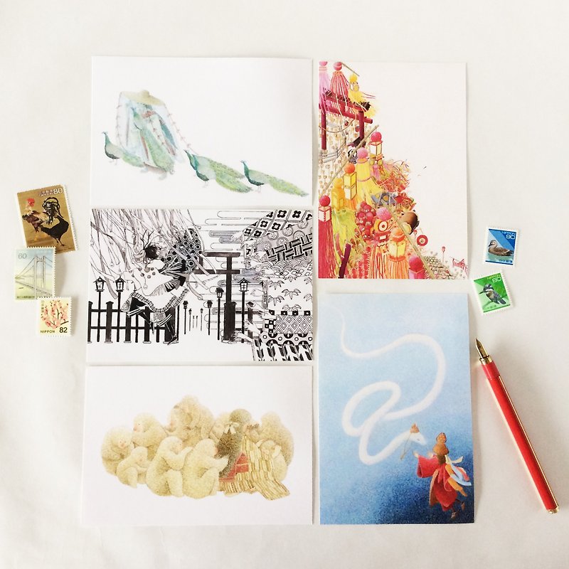 日本の情景 ポストカード5枚セット 孔雀 辰 猿 七夕祭り ヘビ 和 鳥 お面 着物 - 卡片/明信片 - 紙 白色
