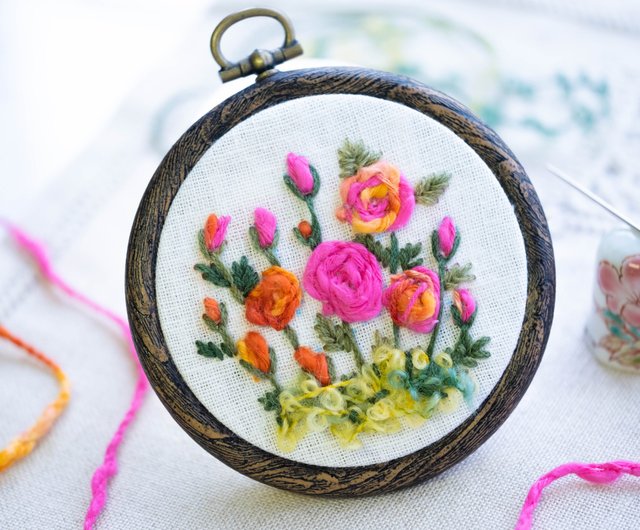 バラの花刺繍の制作キット【コーチングとフライ・ストレートステッチだけ刺す簡単キットです】 - ショップ Art Fiber Endo 編み物/刺繍/羊毛フェルト/裁縫  - Pinkoi