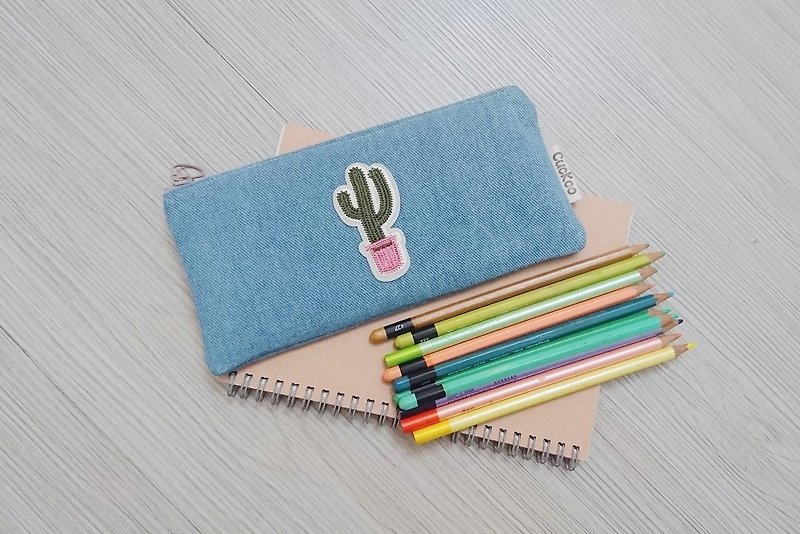 Embroidered Pencil Bag Stationery Denim Pencil Bag Tool Bag Storage Bag Cactus - Pencil Cases - Cotton & Hemp 