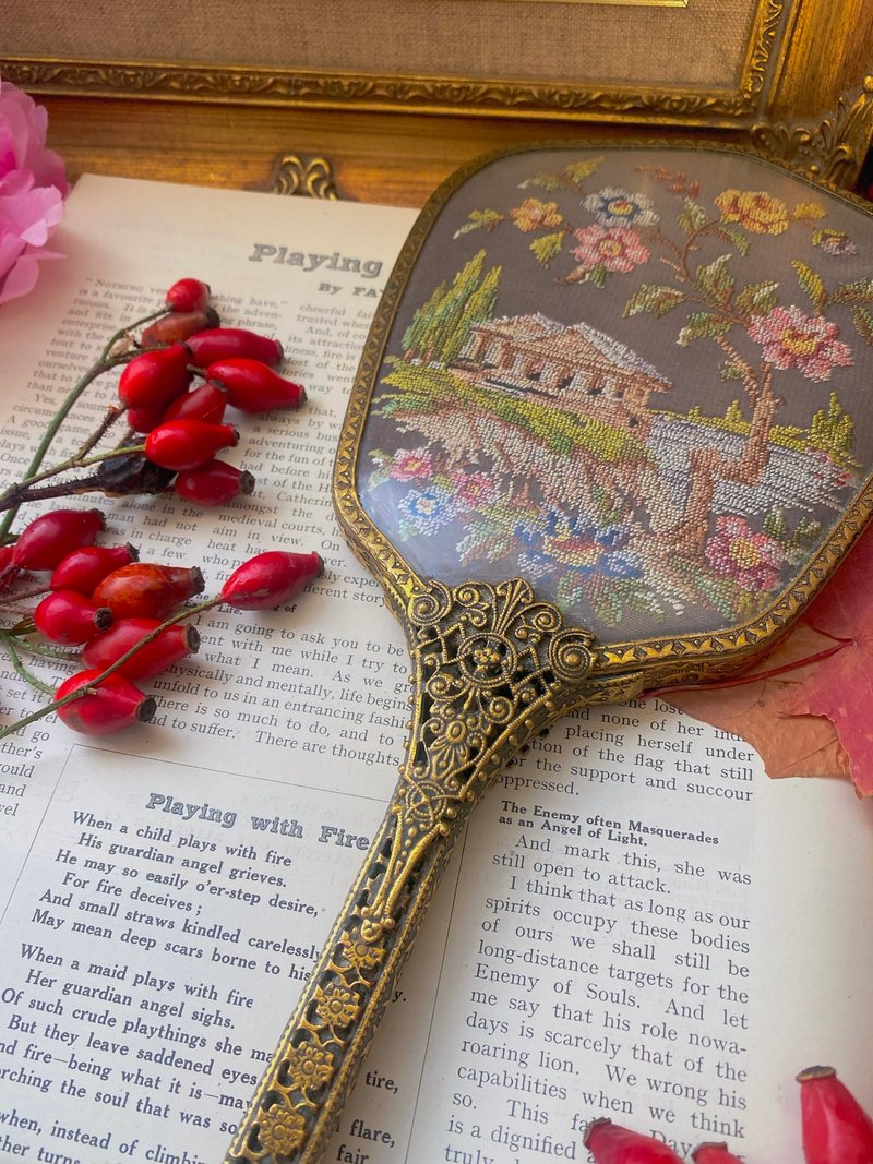 British antique jewelry 1940 British handmade embroidered hand mirror cosmetic mirror antique mirror mirror - Makeup Brushes - Copper & Brass Gold