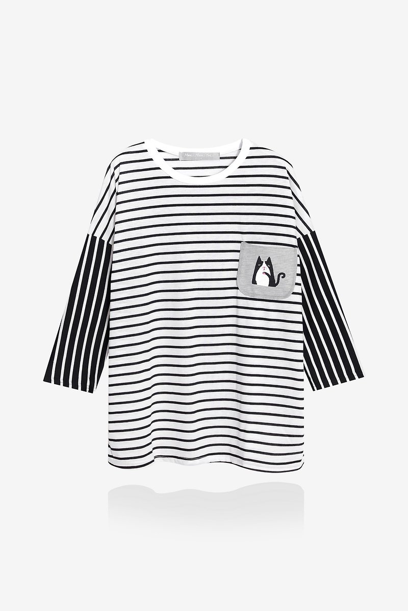 [Last one] 舔舔小肉掌跩跩花喵-white stripe stitching T - Women's T-Shirts - Cotton & Hemp White