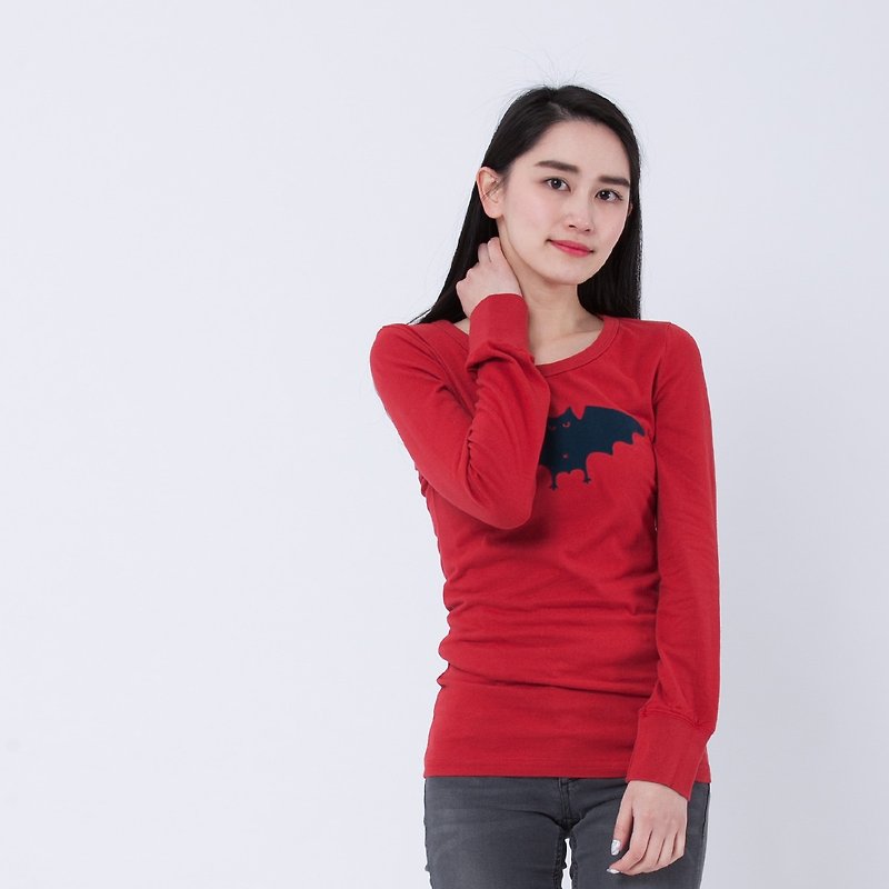 Chinese New Year bat, peach, cotton, long-sleeved T-shirt, red wine - Women's T-Shirts - Cotton & Hemp Red
