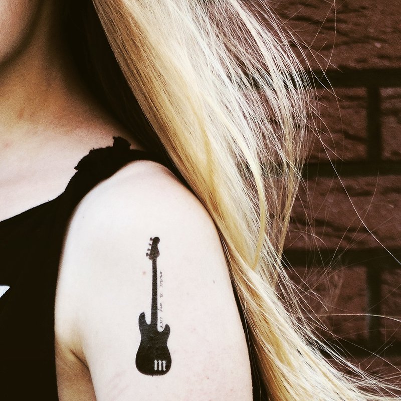 Music Guitar Temporary Fake Tattoo Sticker (Set of 2) - OhMyTat - สติ๊กเกอร์แทททู - กระดาษ สีดำ