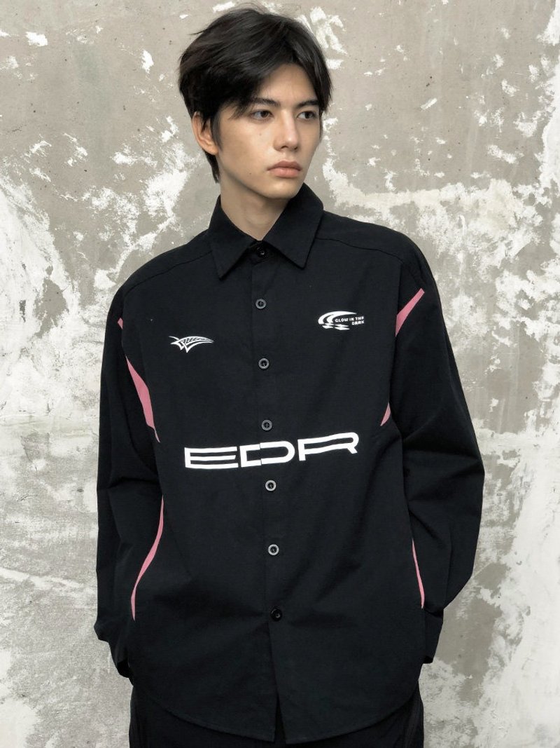 American Retro Racing Print Long-Sleeve Shirt, Pink and Black Colorblock Loose Casual Top - เสื้อเชิ้ตผู้ชาย - วัสดุอื่นๆ สีดำ