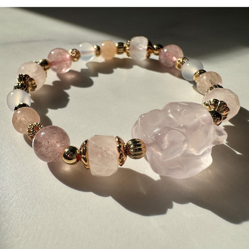 Pink Quartz Nine-tailed Fox | Strawberry Stone| Pink Morganite | White Agate | Peach Blossom | Love Luck | Natural Crystal Bracelet - Bracelets - Crystal Pink