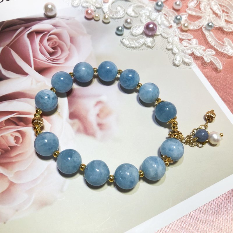 14K Gold Sea Sapphire Natural Crystal Customized Bracelet March Birthstone - Bracelets - Crystal Blue