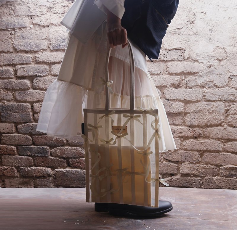 Bow Shoulder Bag Cute Canvas Tote Bag Translucent Mesh Fashion Original Design - Handbags & Totes - Nylon White