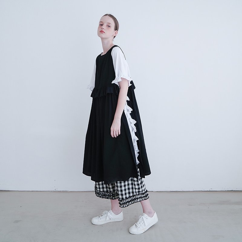 Black sleeveless outer layer jumpsuit - imakokoni - One Piece Dresses - Cotton & Hemp Black