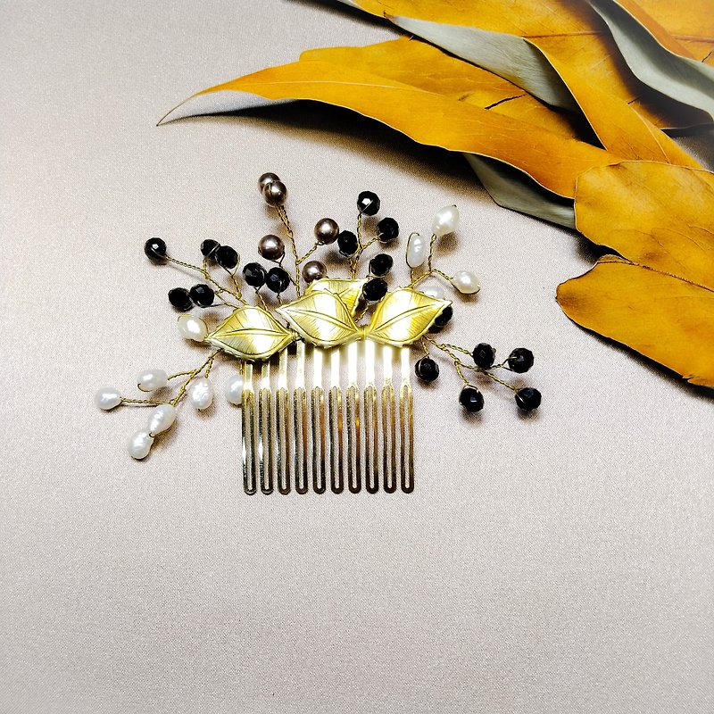 Wearing a happy rice ear series - bridal hair comb. French comb. Self-service wedding 049-5 - เครื่องประดับผม - โลหะ สีทอง
