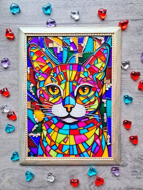 猫 ねこ 絵画 グラデーション カラフル 鮮やかな色の抽象的な黒猫の絵イラスト素材透過、PNGフリー画像