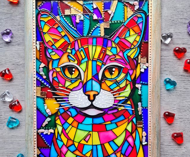 【超新作】 手描きステンドグラスかわいい虹猫多色素朴なオリジナル絵画 絵画