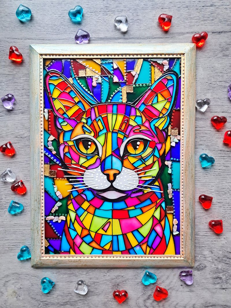 Hand painted Stained glass cute rainbow cat Multicolor Naive original painting - Wall Décor - Glass Multicolor