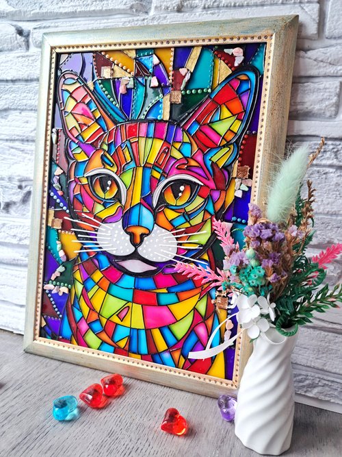 猫 ねこ 絵画 グラデーション カラフル 手描きステンドグラスかわいい虹猫多色素朴なオリジナル絵画