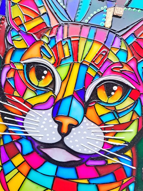 手描きステンドグラスかわいい虹猫多色素朴なオリジナル絵画