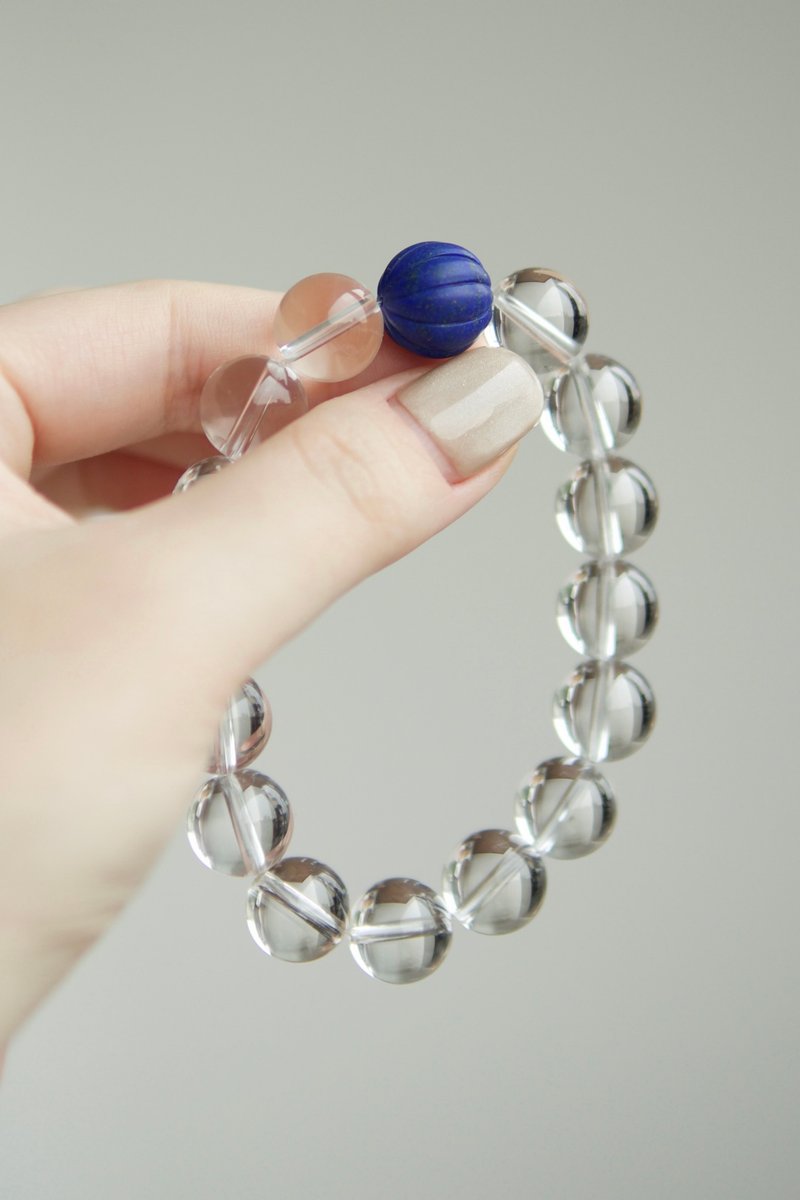 Natural Afghan old mine lapis lazuli pumpkin beads + pure white crystal 12mm + - Bracelets - Crystal 