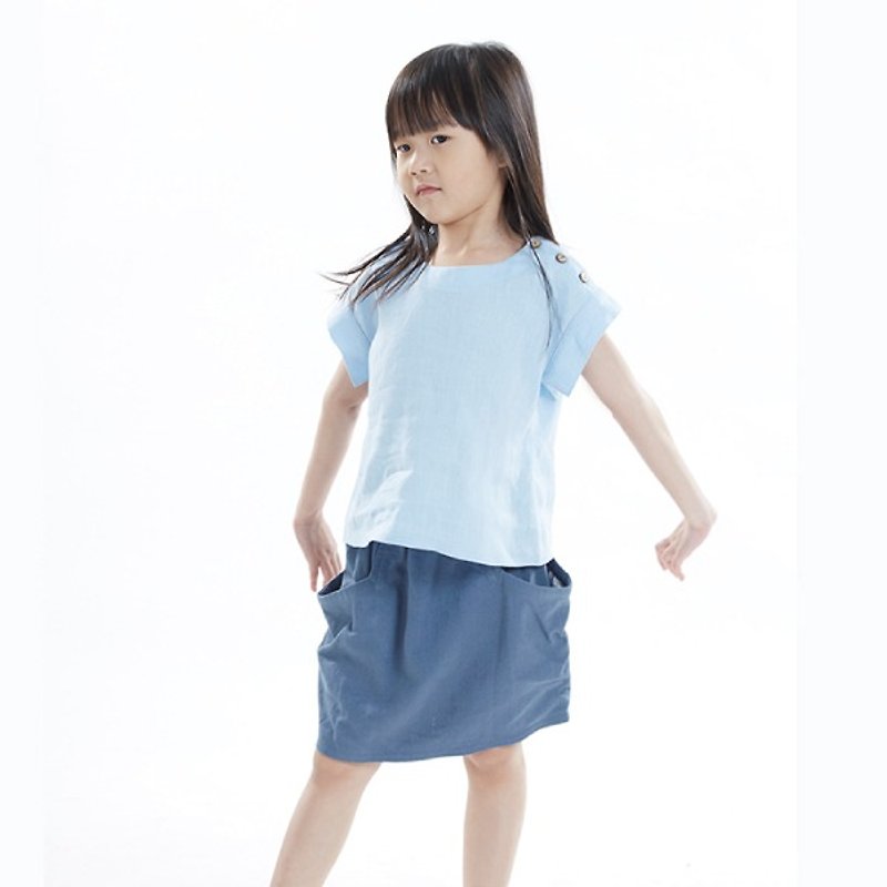 N0221 Girls bud shape dress - blue Jing - Other - Cotton & Hemp Blue