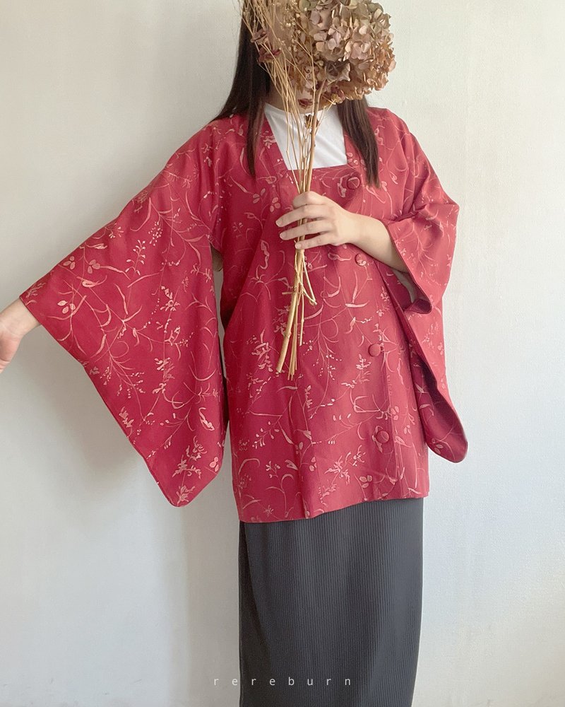 日本製和風印花薄款紅色古著道行羽織和服外套 - 女大衣/外套 - 聚酯纖維 紅色