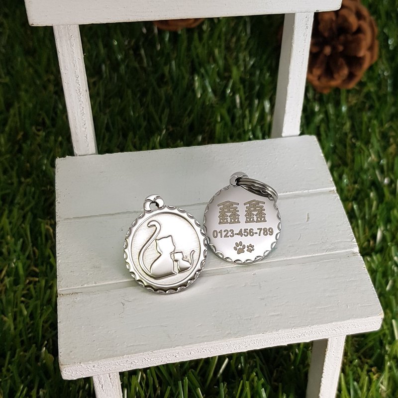 【FulgorJewel】貓名牌 姓名牌 免費刻字 不鏽鋼 花邊雙貓 - 項圈/牽繩 - 不鏽鋼 銀色