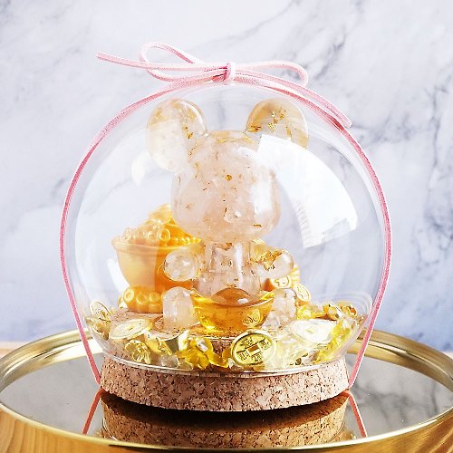 米朵貝菈．時光的禮物 Hourrae水晶玻璃球 玻璃罩 招財小熊玻璃球 禮物-粉水晶