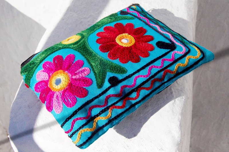 Valentine’s Day gift is limited to one hand-embroidered long storage bag / ethnic style bag / camera bag / cosmetic bag / mobile phone bag / clutch bag-boho desert style colorful flower embroidery totem - Clutch Bags - Cotton & Hemp Multicolor