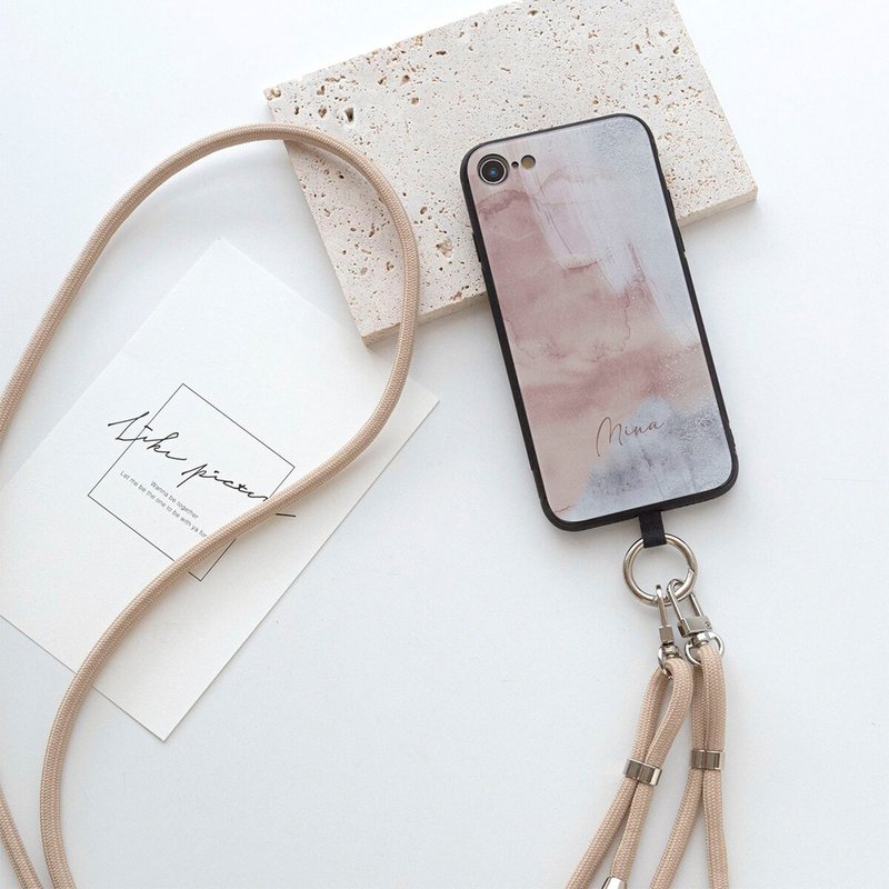 多機種対応 スマホケース ガラス HMストラップ付 【 ニュアンスアート 名入れ 】 スマホショルダー ショルダーストラップ くすみカラー JI79U - 手機殼/手機套 - 玻璃 粉紅色