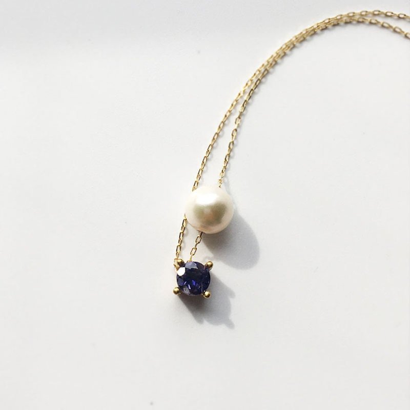 K10/SV925 Iolite Necklace, September Birthstone, Akoya Pearl Dainty Necklace - สร้อยคอ - ไข่มุก สีน้ำเงิน