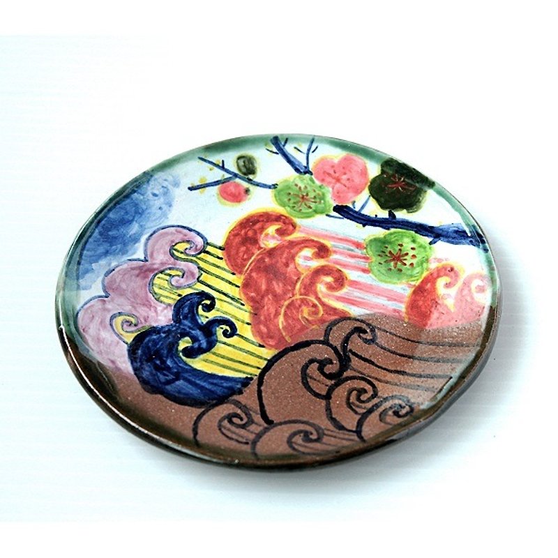 波と梅花の色絵小皿 - 小碟/醬油碟 - 其他材質 咖啡色