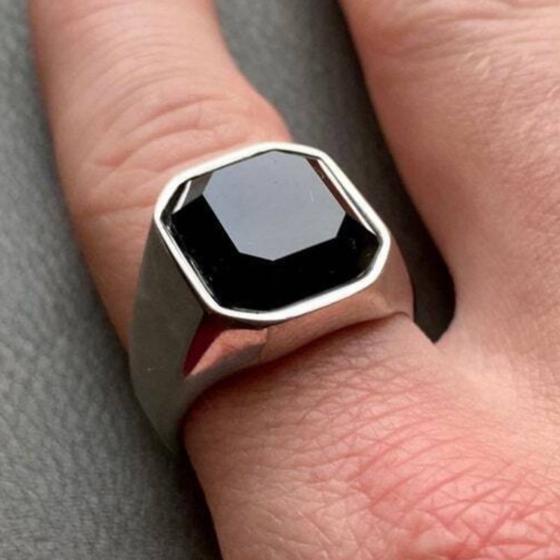 Yemeni Aqeeq Rings, Sterling Silver 925 Natural Agate Ring Men, Black aqeeq ring - 戒指 - 寶石 黑色