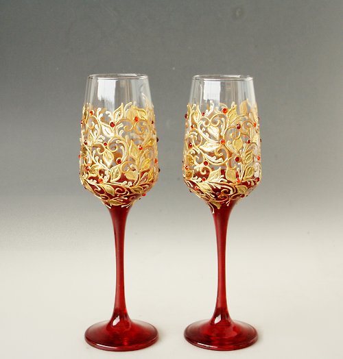 NeA Glass Wedding Red Gold Wine Glasses Valentine's day, New Year ,Hand-painted, set of 2