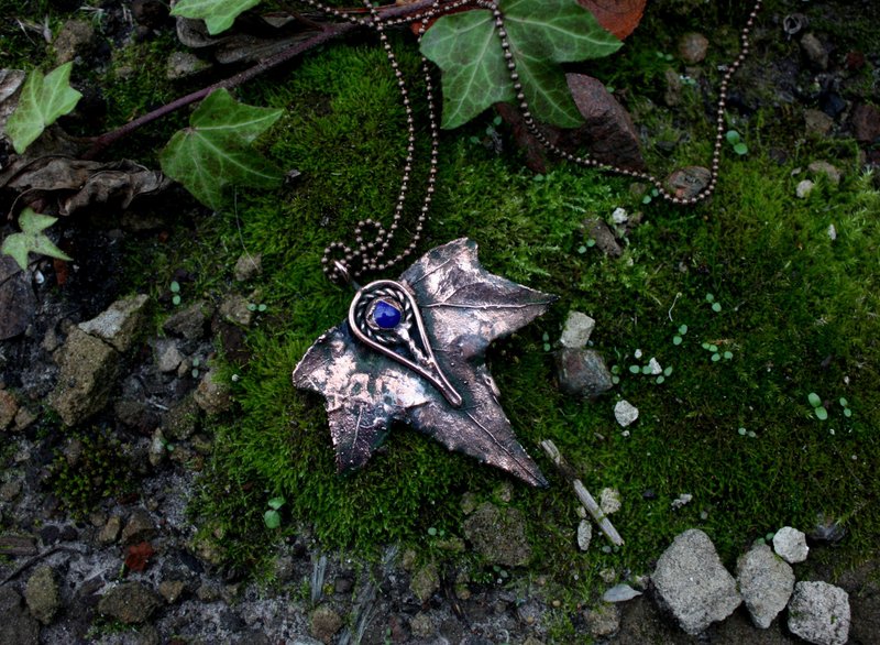 銅常春藤葉吊墜項鍊，真正的電鍍葉子珠寶，自然愛好者 - 項鍊 - 銅/黃銅 藍色