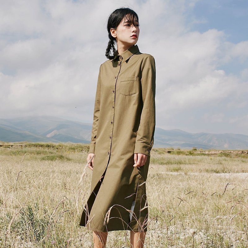 Anne Chen 2017 autumn new ladies pocket shirt long dress dress - One Piece Dresses - Other Materials Green