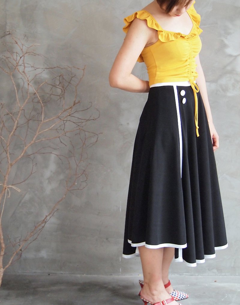 Micro vintage piping asymmetrical long skirt // black - Skirts - Other Man-Made Fibers Black