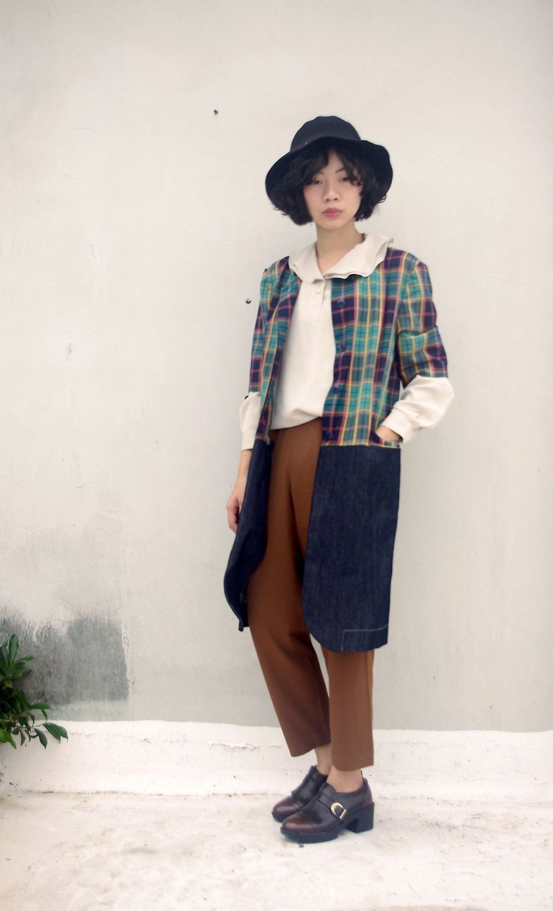 4.5studio- [R;] Restyle- Long Green Plaid stitching denim jacket - Women's Casual & Functional Jackets - Other Materials Green
