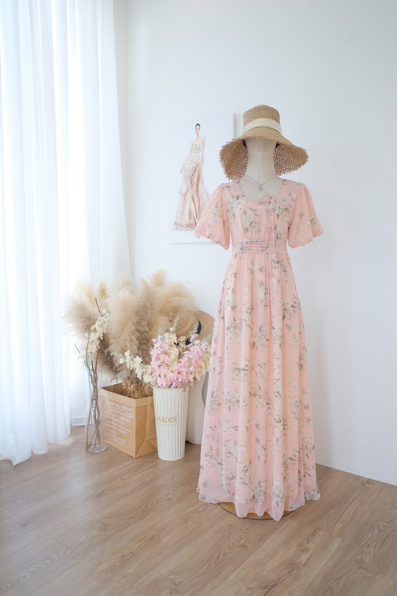 Pink blush floral dolly sleeve bridesmaid dress Summer floral wedding dress - One Piece Dresses - Polyester Pink