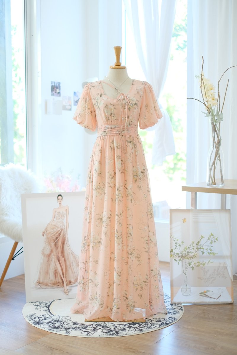 Pink blush floral dolly sleeve bridesmaid dress Summer floral wedding dress - 洋裝/連身裙 - 聚酯纖維 粉紅色