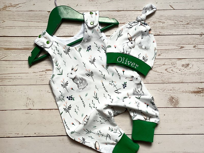 棉．麻 彌月禮盒 綠色 - Bunny baby romper hat organic baby clothes animal outfit moon gift