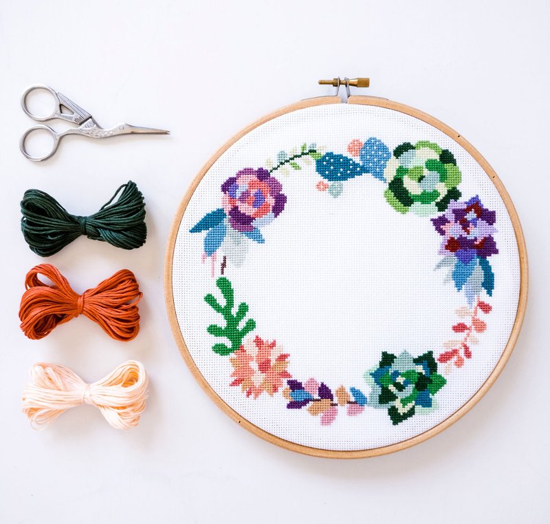 Succulent Wreath Cross Stitch PDF Pattern 十字繡 - 編織/刺繡/羊毛氈/縫紉 - 其他材質 