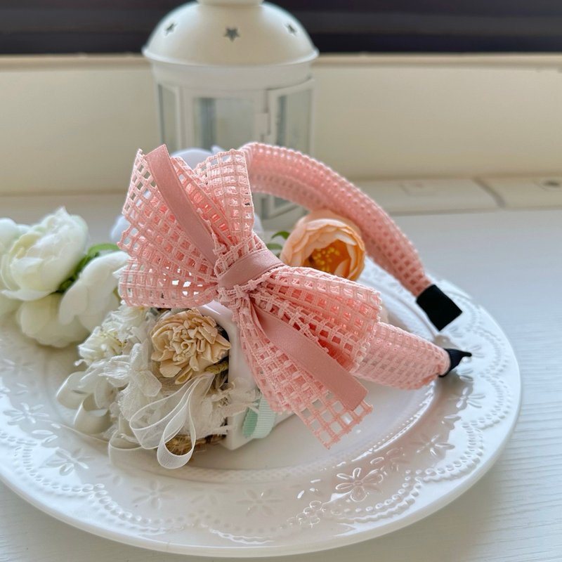 Hollow plaid bow headband fine headband hair accessory-pink orange - ที่คาดผม - ผ้าฝ้าย/ผ้าลินิน สึชมพู