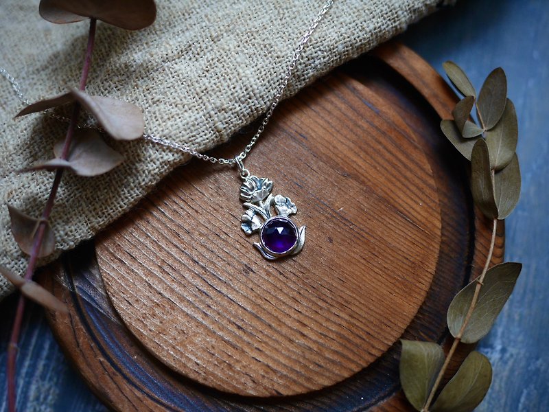 古典切磨深紫水晶925銀包鑲項鍊-花束 - 項鍊 - 銀 紫色