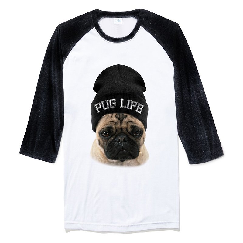 PUG LIFE [Spot] Unisex three-quarter sleeve T-shirt 2 color pug pug dog method dog fighting dog animal American cotton - เสื้อยืดผู้ชาย - ผ้าฝ้าย/ผ้าลินิน หลากหลายสี