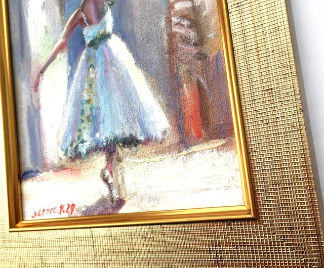 絵画 額付 (銀) 油絵　F4-040414　可愛い女の子（バレエ 額入りバレリーナ絵画 オリジナル少女女性ダンサー印象派バレエ