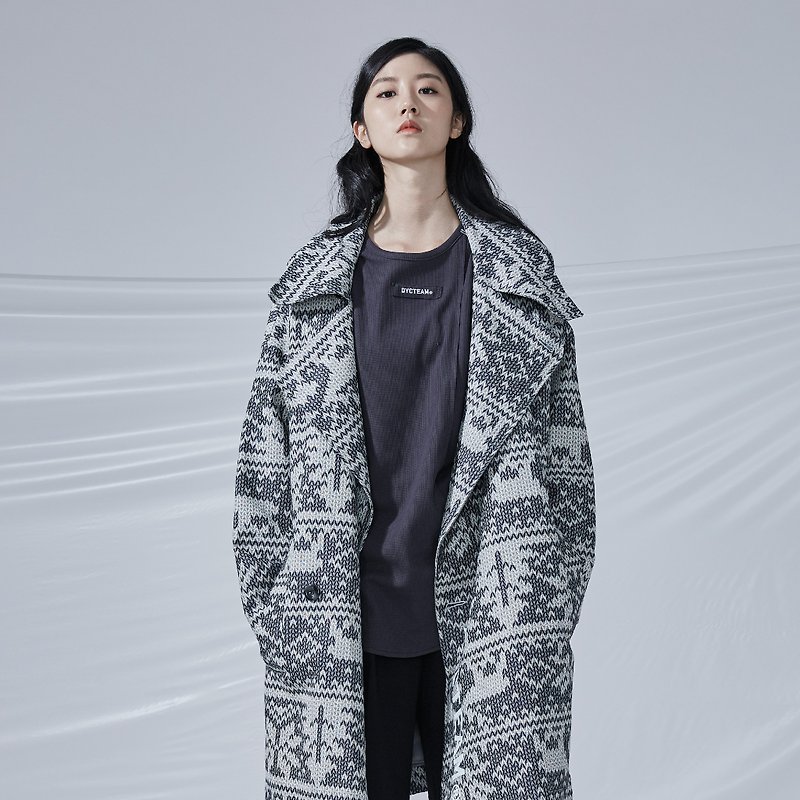 DYCTEAM - Woven Pattern Jacquard Trend Coat Snowflake Large Lapel Coat - เสื้อแจ็คเก็ต - ผ้าฝ้าย/ผ้าลินิน สีน้ำเงิน