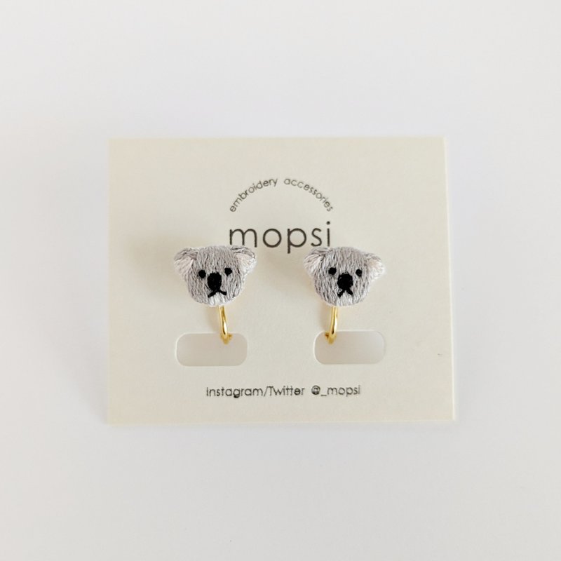 Koala Embroidered Earrings/ Clip-On - ต่างหู - งานปัก สีเทา