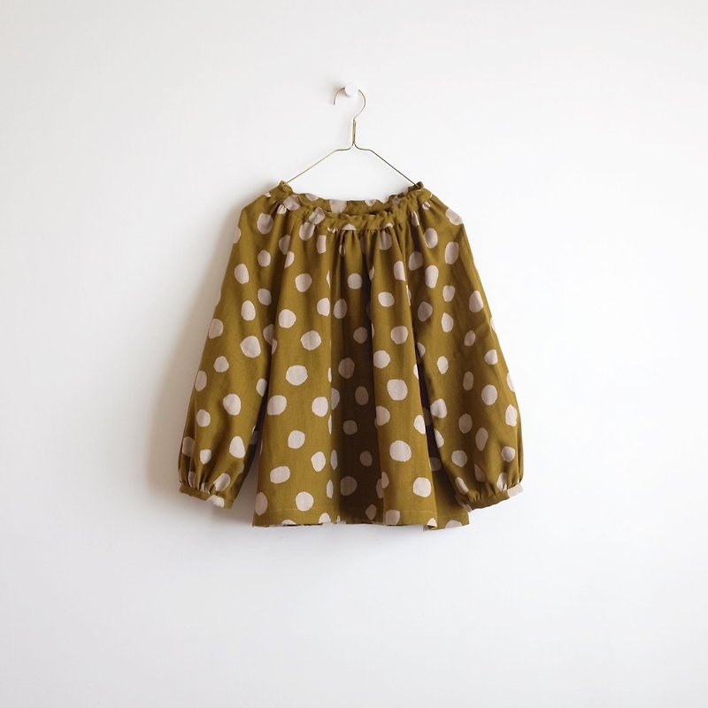 Daily hand-made suit mustard green yellow puff sleeve elastic blouse cotton double yarn - เสื้อผู้หญิง - ผ้าฝ้าย/ผ้าลินิน สีเหลือง