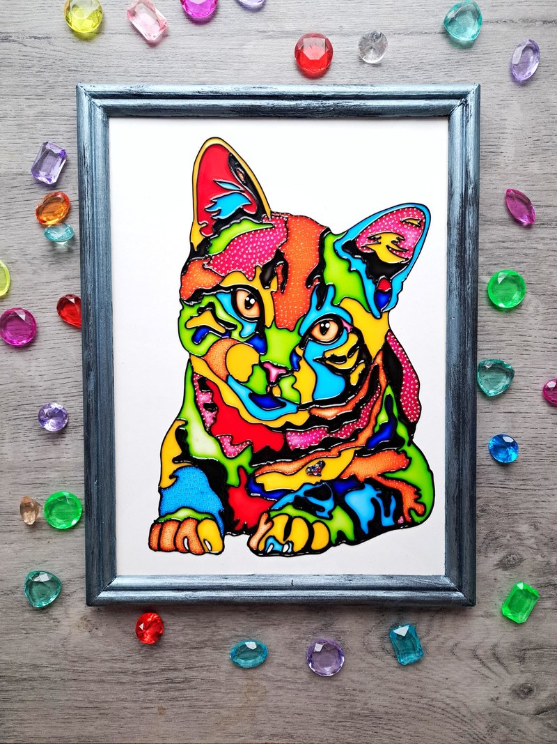 手绘彩绘玻璃可爱彩虹猫多色天真原画 - 壁貼/牆壁裝飾 - 玻璃 多色