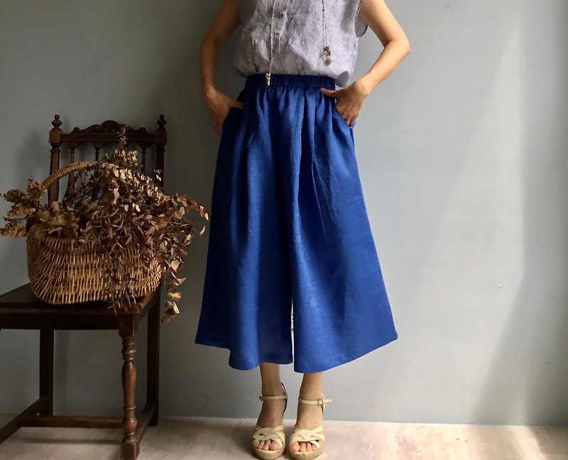 Glazed Night/Cobalt Blue Linen Pressed Mid-Length Wide Pants Skirt 100% Washed Linen - Skirts - Cotton & Hemp Blue