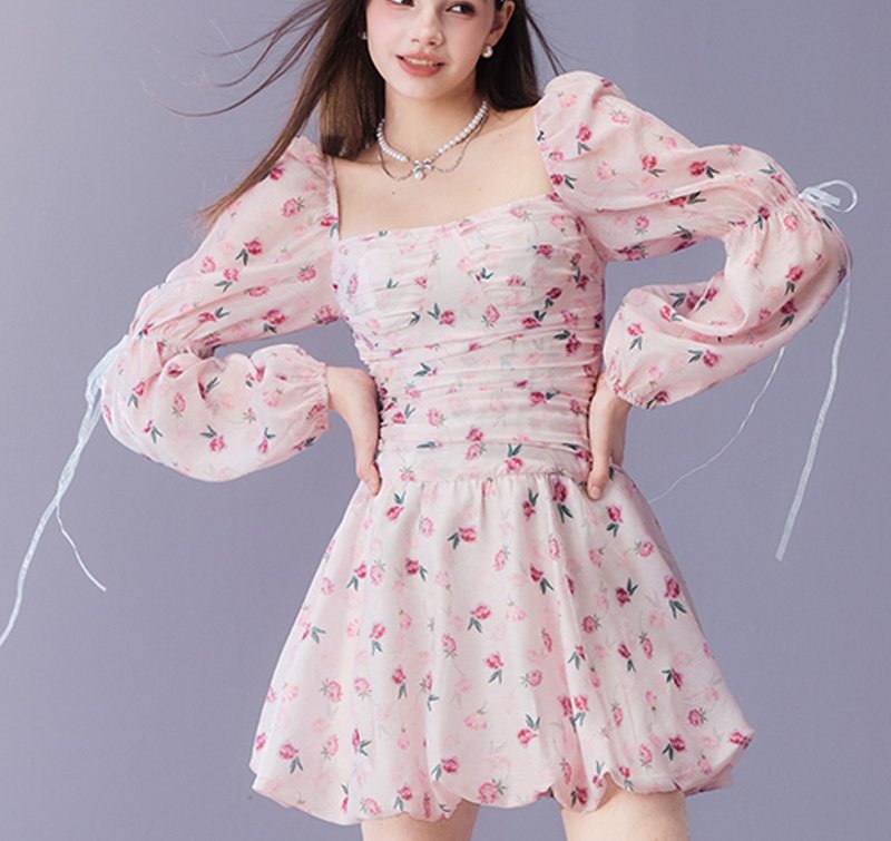 French Elegant Floral Square Neck Flower Puffy Dress - One Piece Dresses - Other Materials Pink