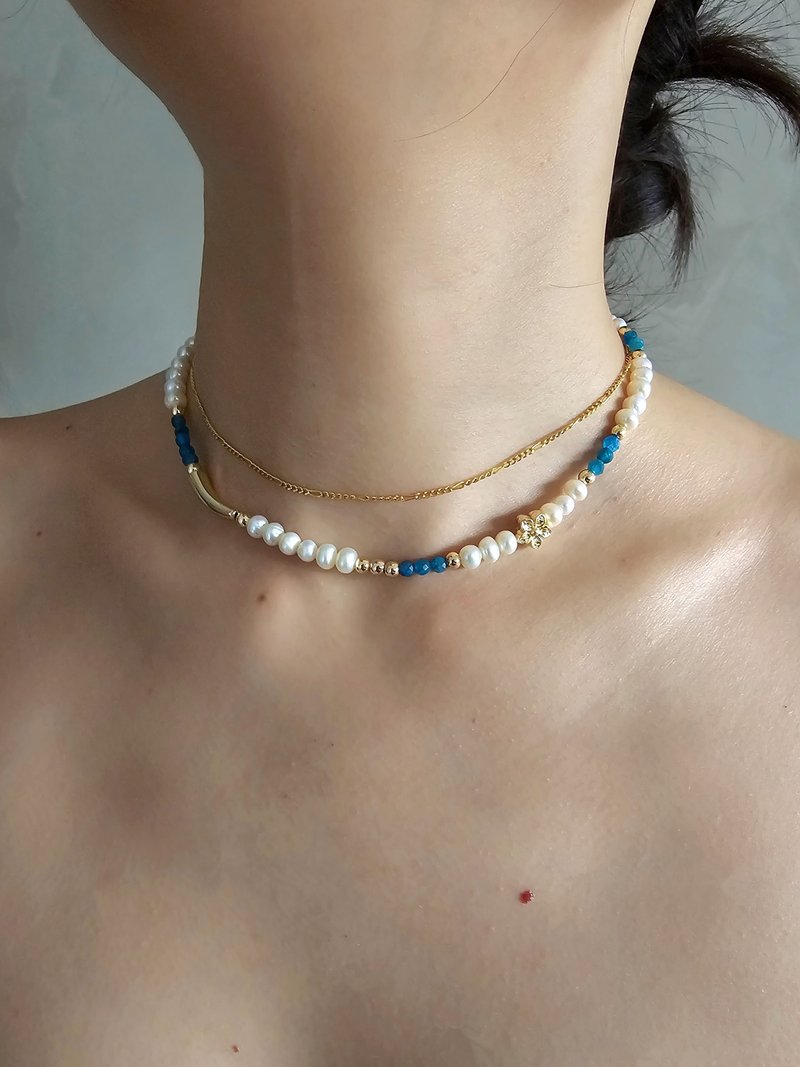 Faith Handmade | Natural Pearl Blue Phosphopyrite Necklace Natural Stone Short Necklace Collarbone Necklace - สร้อยคอ - ไข่มุก 