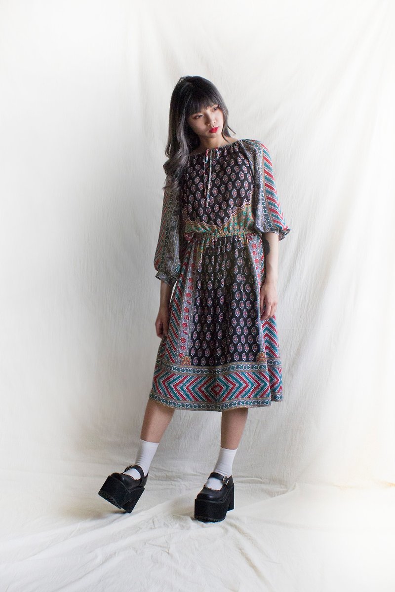 Red and green totem seven-point sleeves vintage dress - One Piece Dresses - Polyester 