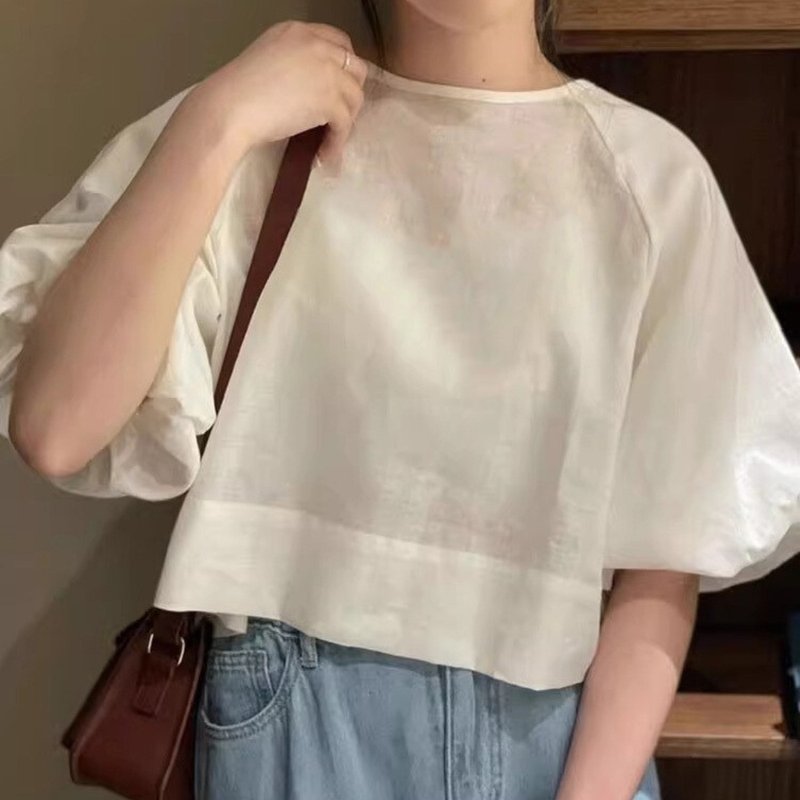 Cotton top shirt  oversized puffy sleeves handmade - 女襯衫 - 棉．麻 多色